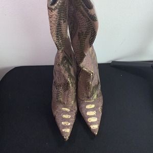 Bronx Brown Leather Gold Foil Accent Tall Stiletto pointy Side Zip Sexy Boots